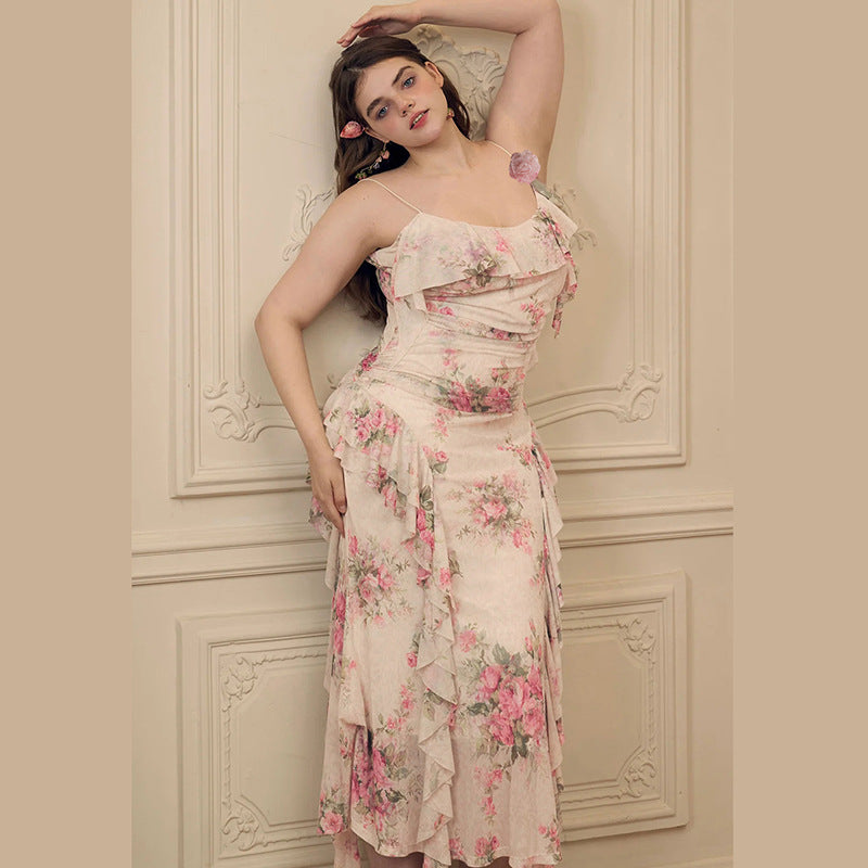 Damen Maxikleid mit floralem Rüschendesign und einem einseitigen Träger EB