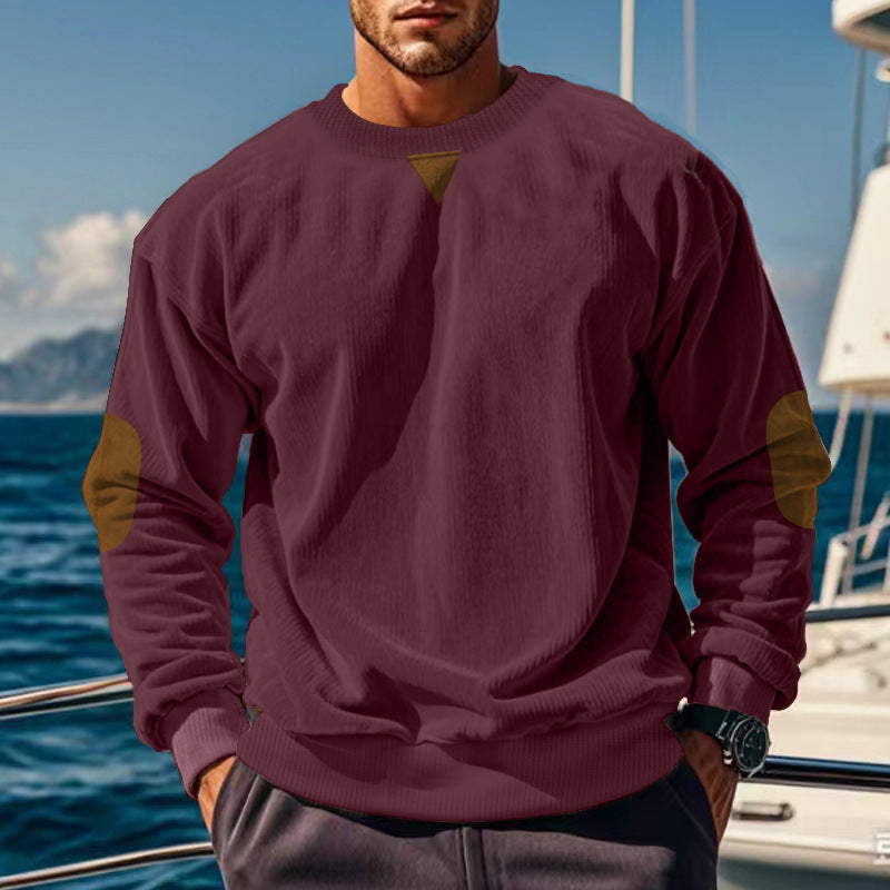 Herren nan gerippter Strickpullover mit Rundhalsausschnitt Ellbogen-Patches und Zierdreieck EB