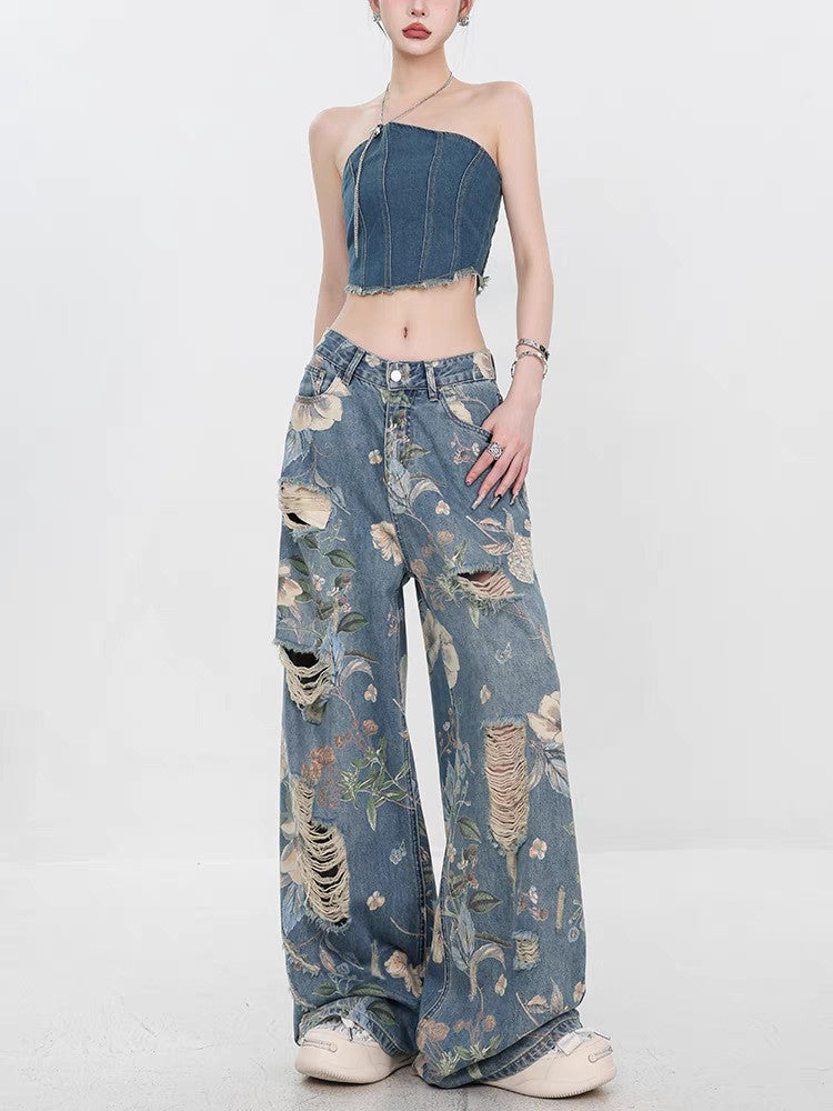 Damen Weit geschnittene Jeans mit floralem Design und schickem Destroyed-Effekt EB