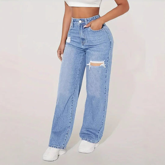 Damen Weite Denim-Hose mit trendigen Rissdetails und hohem Bund EB
