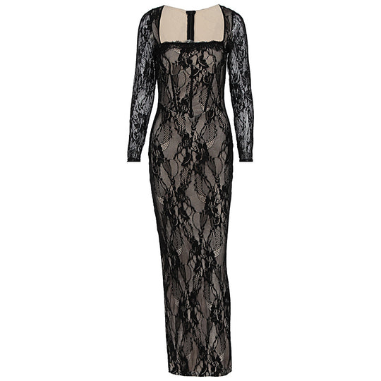 Damen Spitzenmaxikleid mit durchscheinenden Einsätzen EB