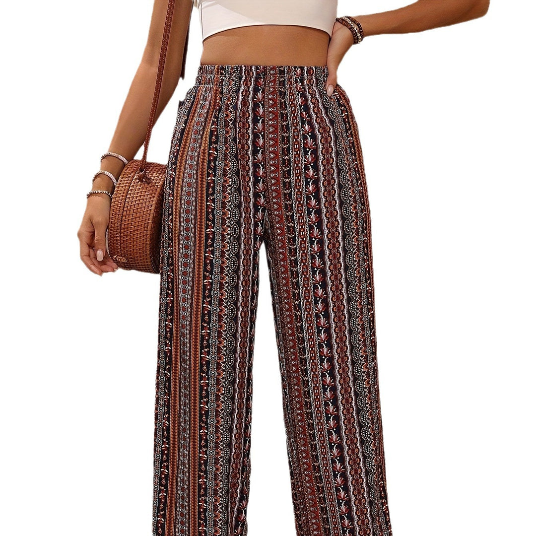 Damen weite Palazzo-Hose mit buntem Ethno-Design und elastischem Bund EB