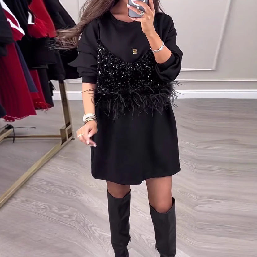 Damen Freizeitkleid mit stylischem Glitzer und Fransen Heidi-Mode