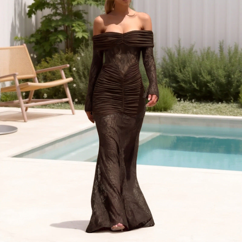 Damen Elegantes schulterfreies Maxikleid mit gerafftem Design und langen Ärmeln EB