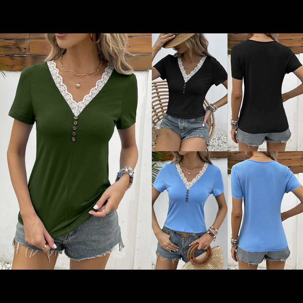 Damen V-Ausschnitt T-Shirt mit Spitzenbesatz und Holzknopfdetail EB