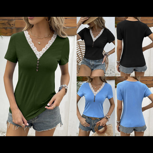 Damen V-Ausschnitt T-Shirt mit Spitzenbesatz und Holzknopfdetail EB