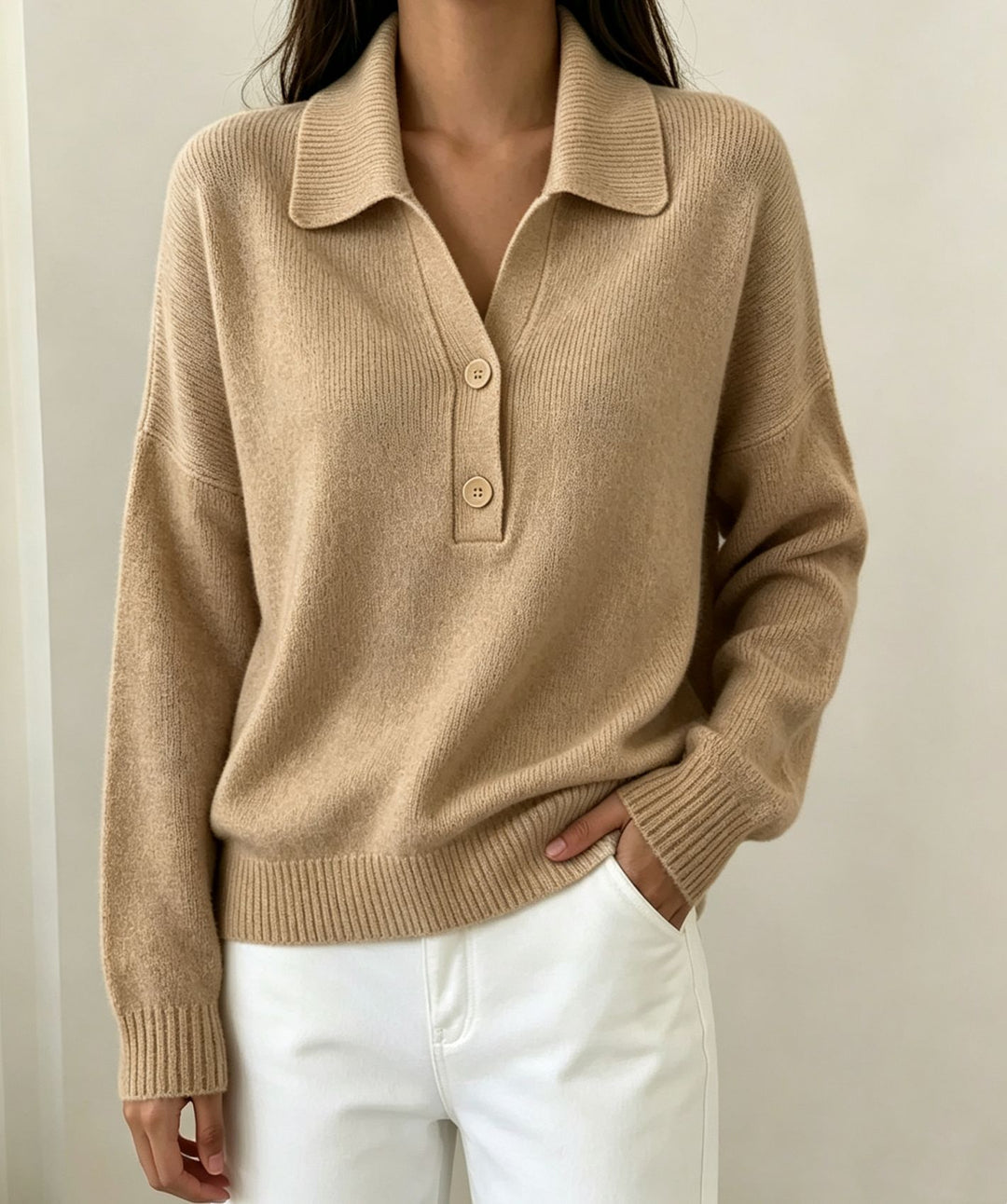 Damen Polokragen-Pullover mit halber Knopfleiste und geripptem Saum EB