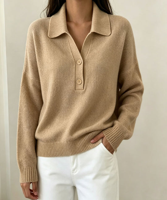 Damen Polokragen-Pullover mit halber Knopfleiste und geripptem Saum EB