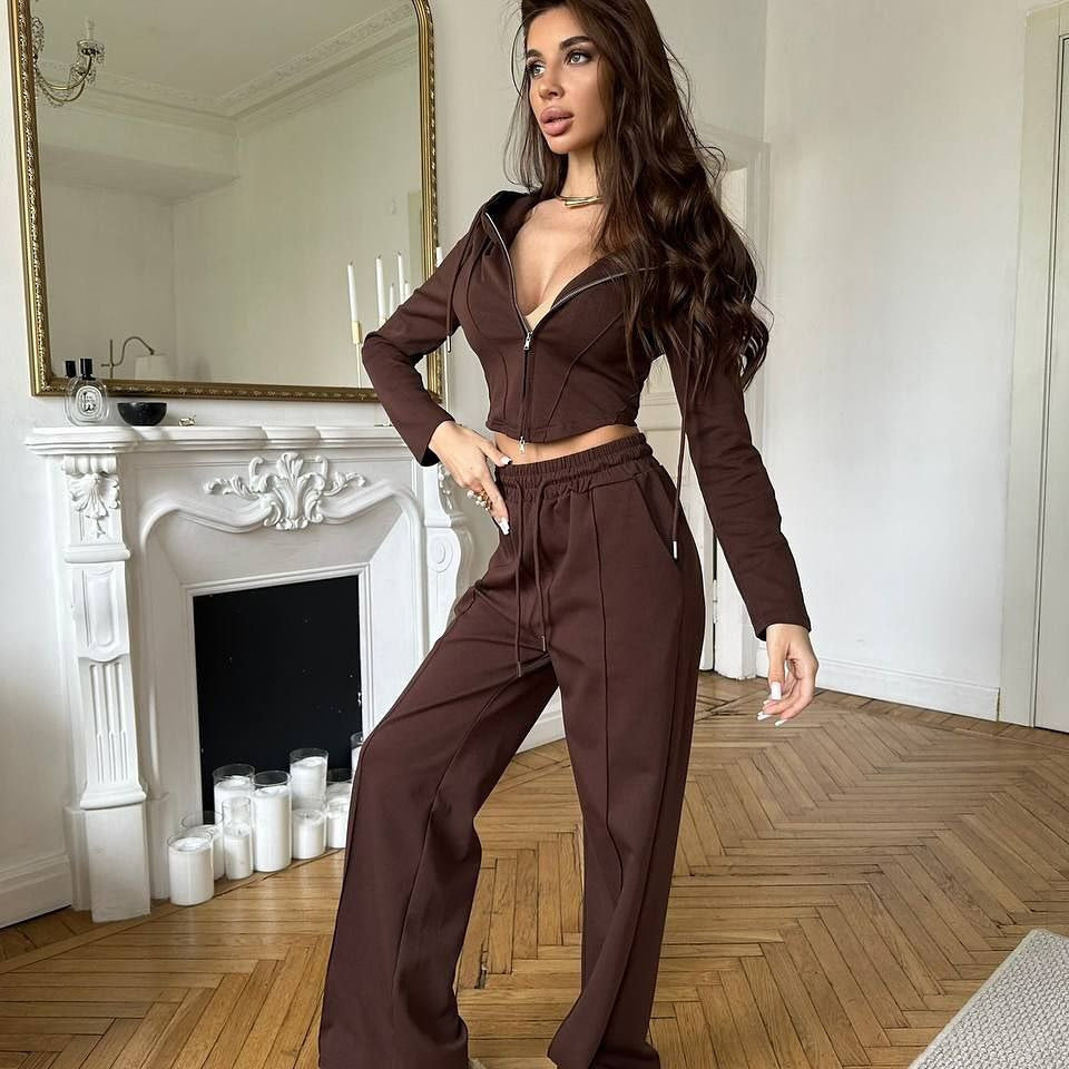 Damen tailliertes Cropped-Kapuzensweatshirt mit verdecktem Reißverschluss und High-Waist Wide-Leg Jogginghose Set EB