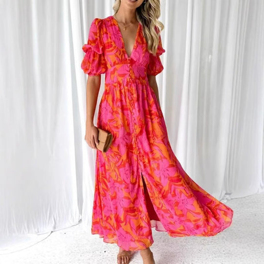 Damen Maxikleid mit Blumenmuster und V-Ausschnitt EB