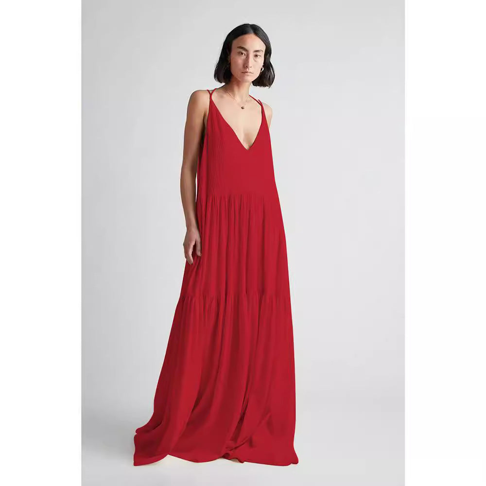 Damen Maxikleid mit tiefem V-Ausschnitt und voluminösem Rock EB
