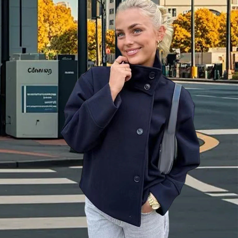 Damen Lässige Wolldecke-Jacke mit hohem Kragen und Knopfverschluss EB