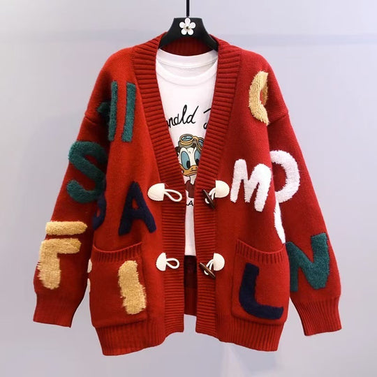 Damen Grobstrick-Cardigan mit bunten Applikationen und großen Taschen EB