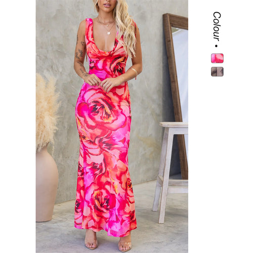 Damen Maxikleid mit elegantem Wasserausschnitt und floralen Akzenten EB
