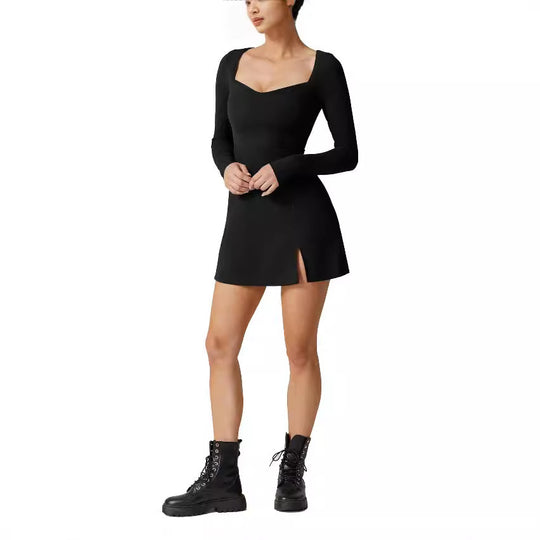 Damen elegantes Minikleid mit tiefem Herzausschnitt und langen Ärmeln EB