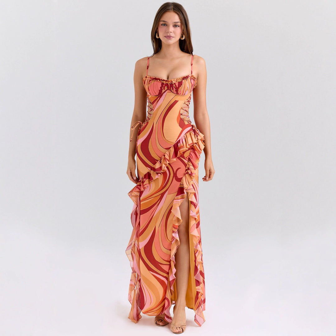 Damen Maxi-Kleid mit Rüschendetails und fließendem Muster EB