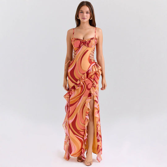 Damen Maxi-Kleid mit Rüschendetails und fließendem Muster EB