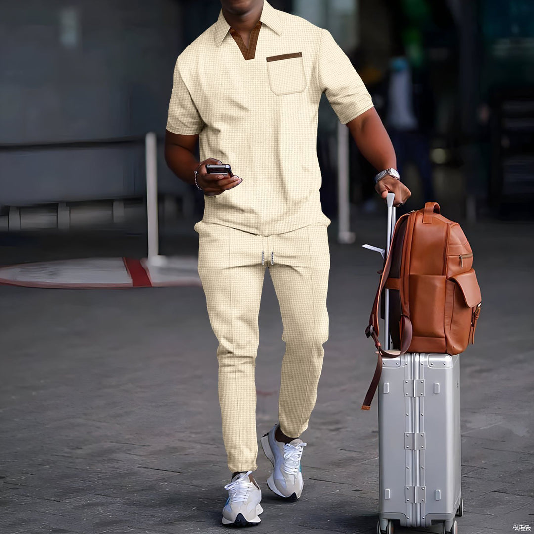 Herren nan lässiges Freizeitset aus elastischem Jersey mit V-Ausschnitt Brusttasche und Kordelbund EB