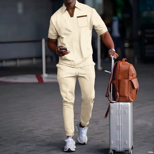 Herren nan lässiges Freizeitset aus elastischem Jersey mit V-Ausschnitt Brusttasche und Kordelbund EB