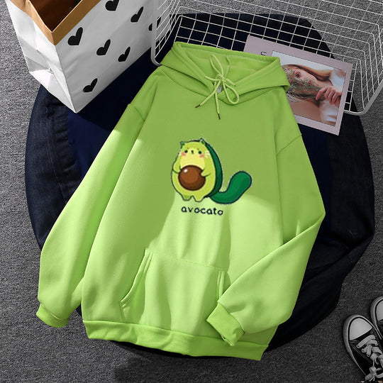 Damen nan Oversize-Fleecehoodie mit weichem Innenfutter, Kängurutasche und Avocato-Cartoonmotiv EB