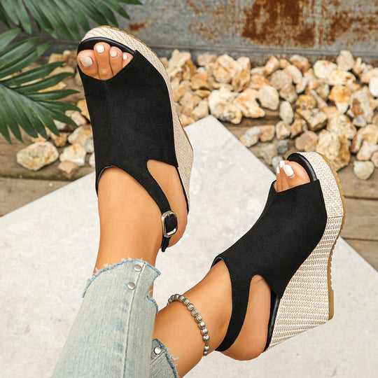 Damen Wedge-Pantoletten mit offenem Zehenbereich und modischem Riemendesign EB