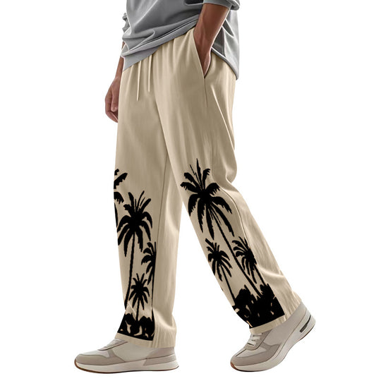 Herren nan weite Freizeit-Hose aus Baumwoll-Leinen-Mix mit Palmenprint, Elastikbund und Kordelzug EB
