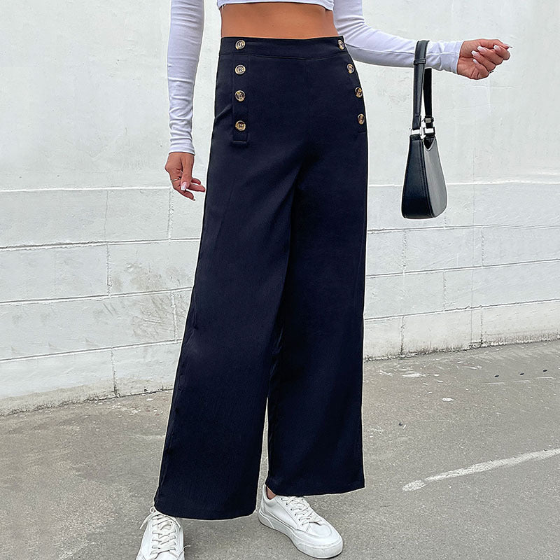 Damen Weite Stoffhose mit dekorativen Knopfdetails EB