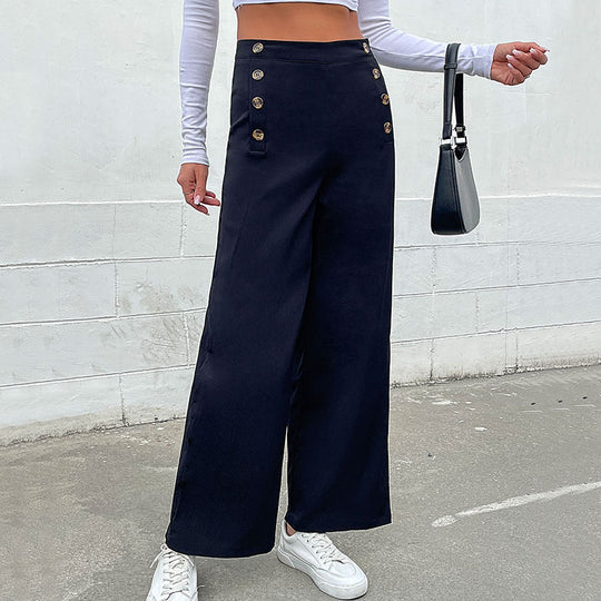 Damen Weite Stoffhose mit dekorativen Knopfdetails EB
