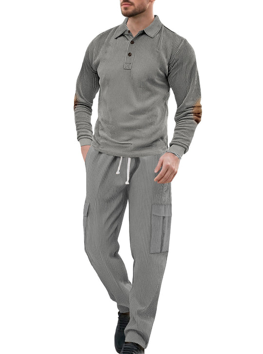 Herren nan geripptes Lounge-Set mit Polokragen Ellenbogenpatches und Cargohose EB