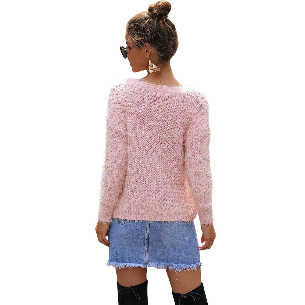 Damen Eleganter und lockerer Pullover mit Schulterfreiem Design und Perlenverzierung EB