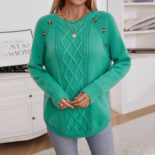 Damen Strickpullover mit dekorativem Zopfmuster und Knopfdetails EB