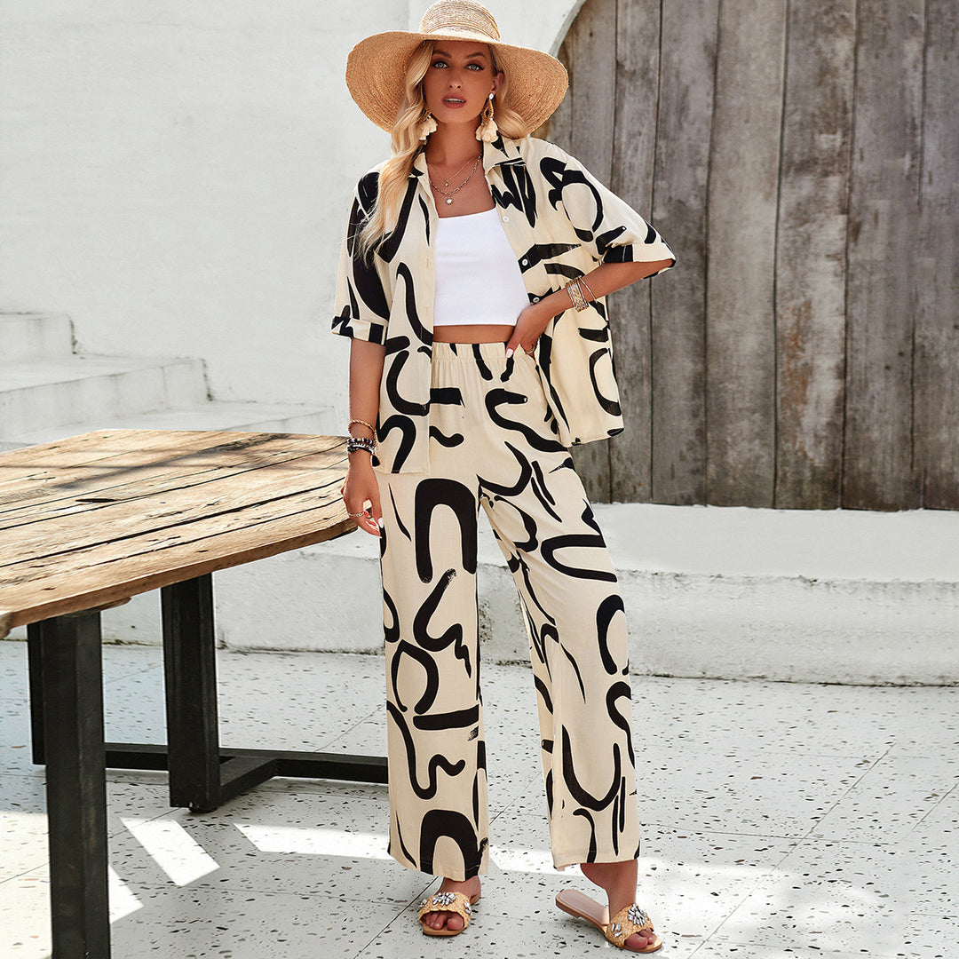 Damen luftiges Zweiteiliges Ensemble mit floralem Muster und weiten Hosen EB