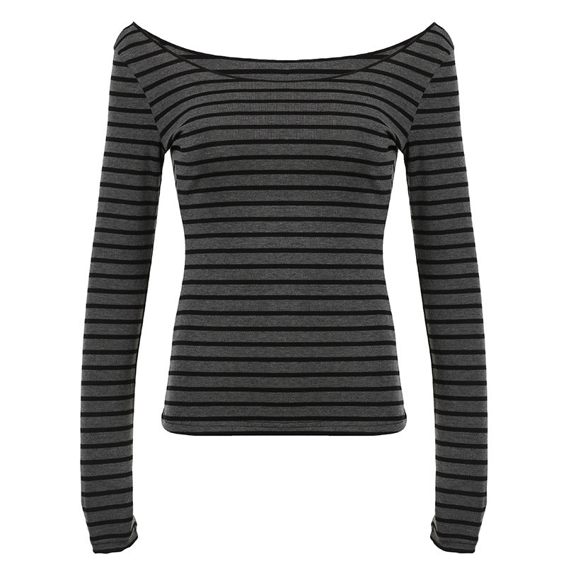 Damen nan schulterfreies gestreiftes Langarmshirt mit weitem U-Boot-Ausschnitt und figurbetonter Taillierung EB