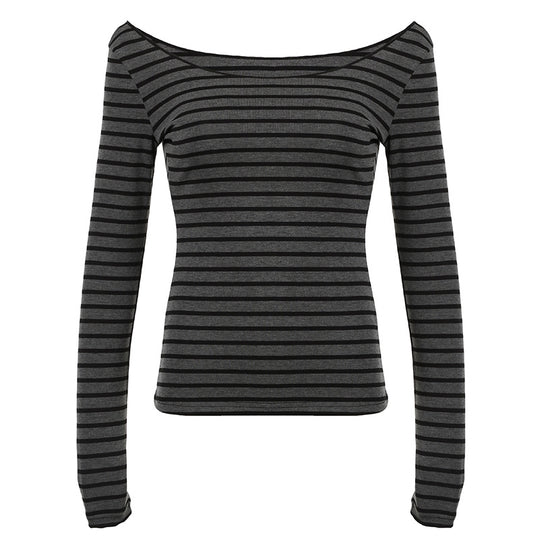 Damen nan schulterfreies gestreiftes Langarmshirt mit weitem U-Boot-Ausschnitt und figurbetonter Taillierung EB