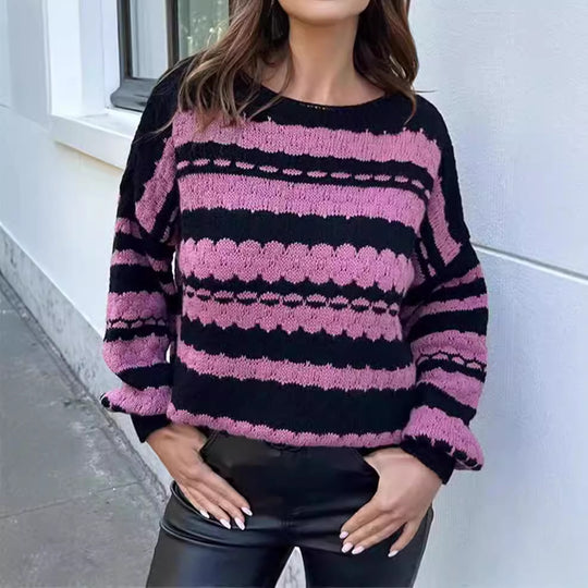 Damen gemütlicher Strickpullover mit modernem Zopfmuster und grafischen Akzenten EB