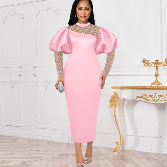 Damen Midi-Kleid mit langen Spitzenärmeln und voluminösen Puffärmeln EB