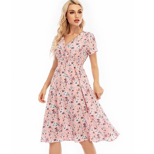 Damen langärmliges Kleid mit floralem Design und elastischem Taillenbund EB