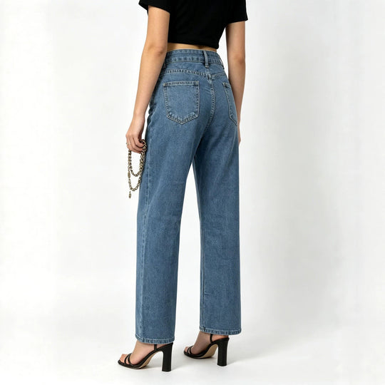 Damen nan hochgeschnittene Straight-Leg-Jeans mit geradem Bein und dezenter Vintage-Waschung EB