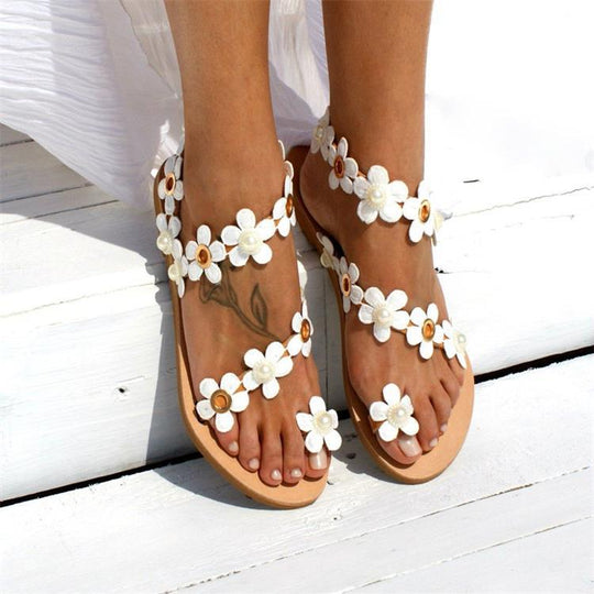 Damen Glamouröse und elegante Zehentrenner-Sandalen mit Perlenschmuck EB