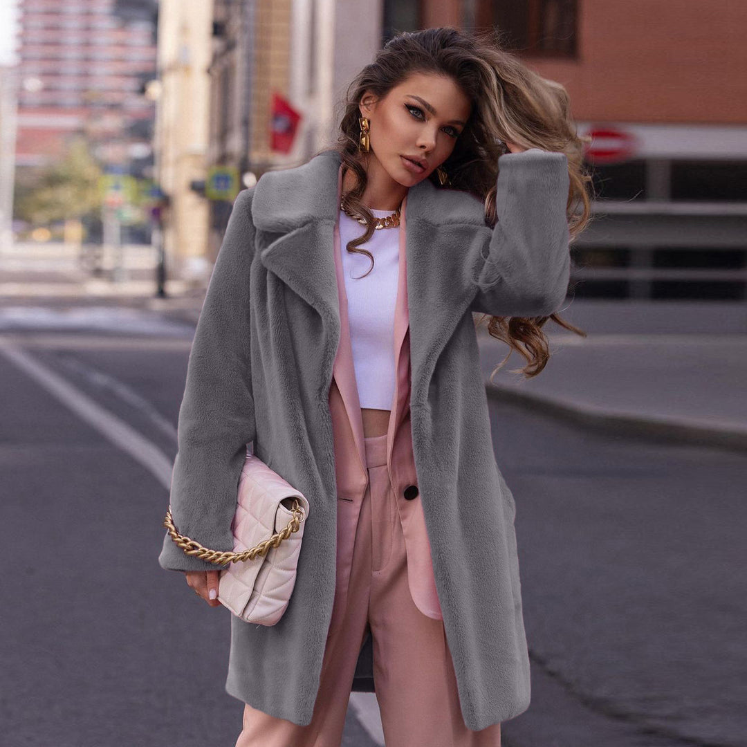 Damen Eleganter Kunstpelzmantel mit breitem Revers und weitem Schnitt EB