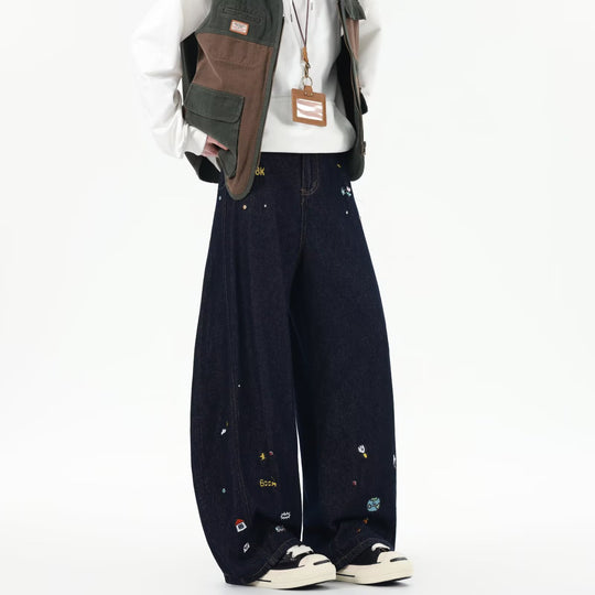 Damen Weit geschnittene Jeans mit bunten Stickereien EB