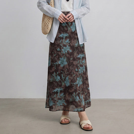Damen  fließender Maxirock mit A-Linie und feinem Vintage-Print EB