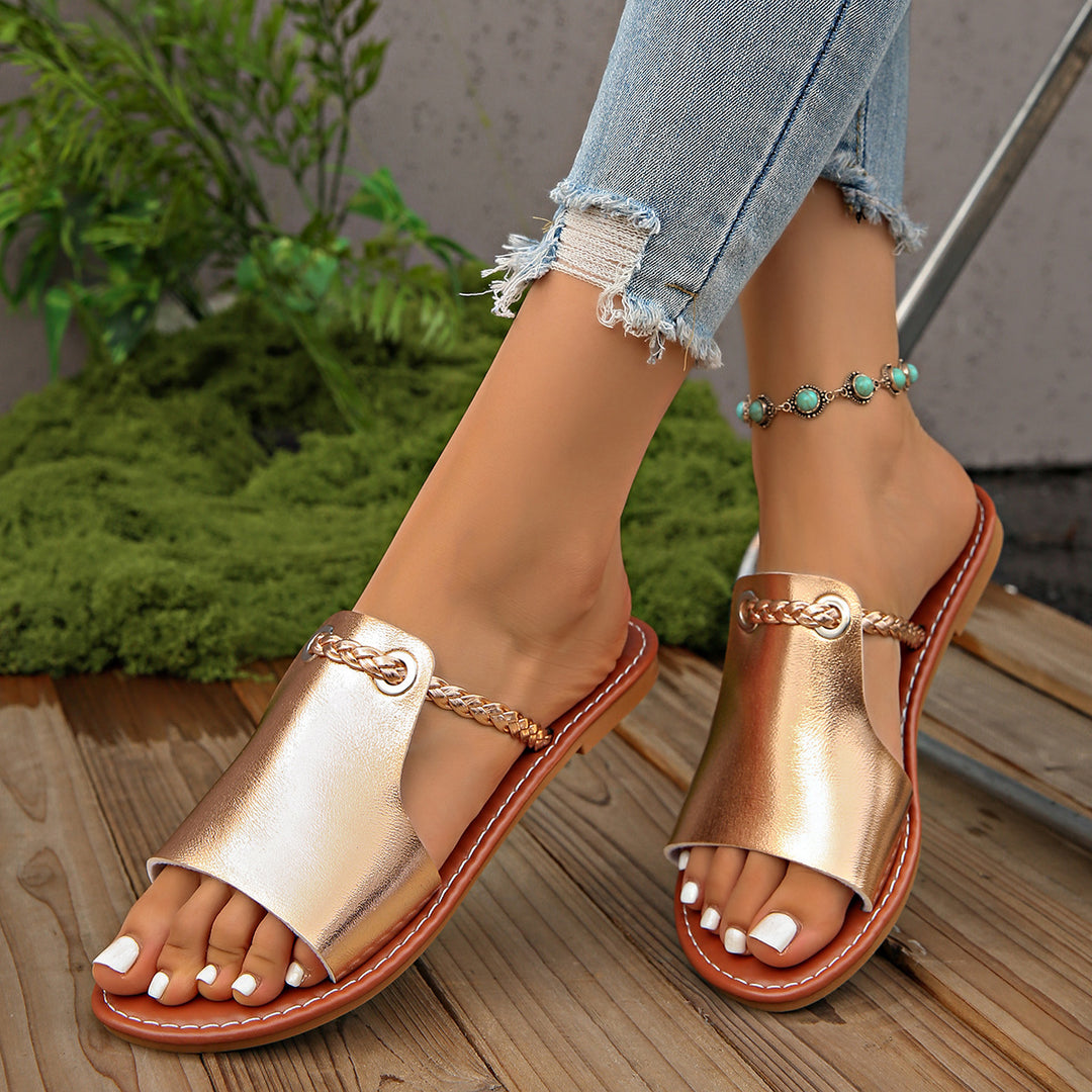 Damen Flache Sandalen mit geflochtenem Riemen und glänzender Oberfläche EB