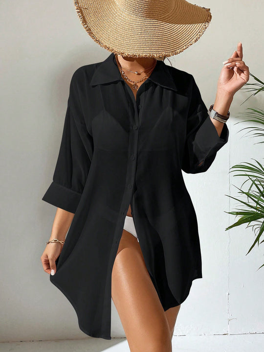 Damen lässige Strandbluse aus transparentem Stoff mit Knopfverschluss EB