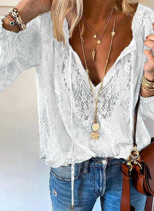 Damen Elegante und feminine Bluse mit V-Ausschnitt und Spitzenakzenten EB