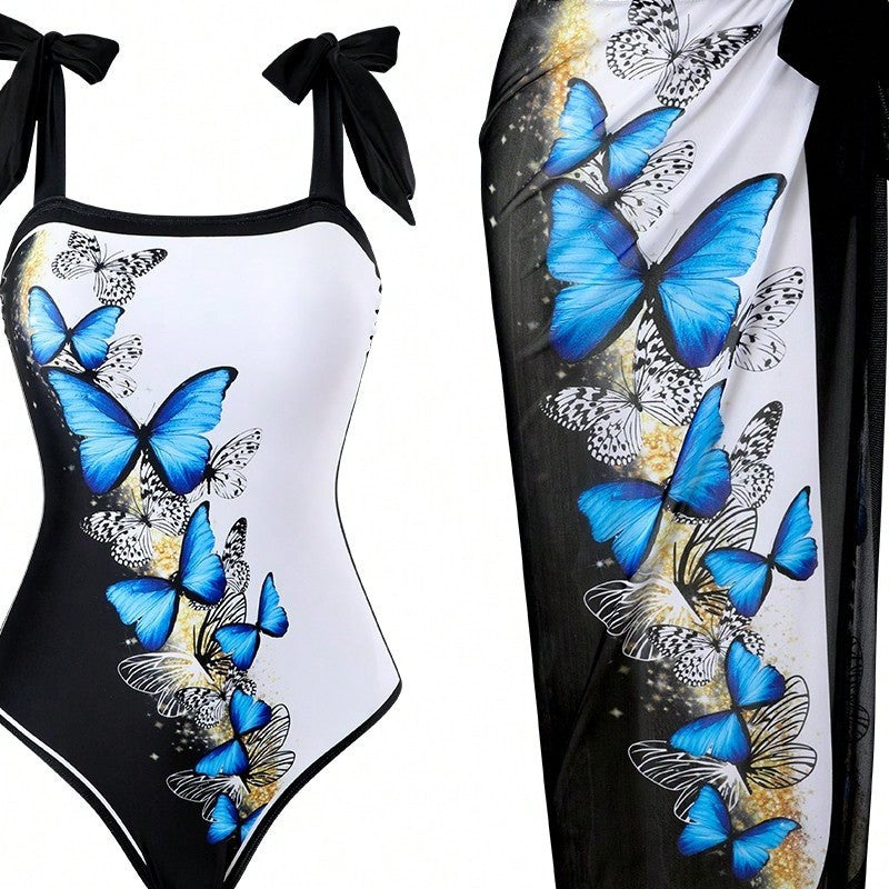 Damen Einteiler Badeanzug mit schickem Wickelrock und Butterfly-Motiv EB
