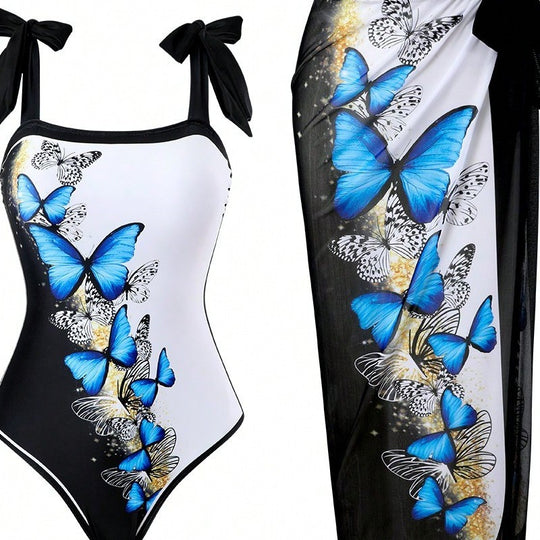 Damen Einteiler Badeanzug mit schickem Wickelrock und Butterfly-Motiv EB