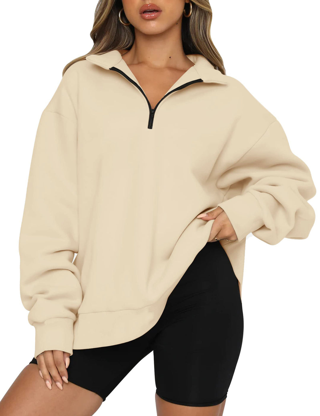 Damen Sportlicher Oversized Pullover mit Reißverschluss und seitlichem Schlitz EB