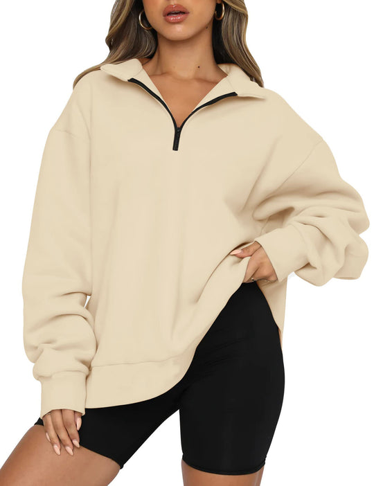 Damen Sportlicher Oversized Pullover mit Reißverschluss und seitlichem Schlitz EB