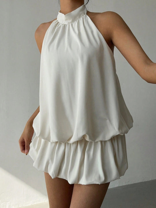Damen sommerliches Minikleid mit haltem Kragen und asymmetrischem Design EB